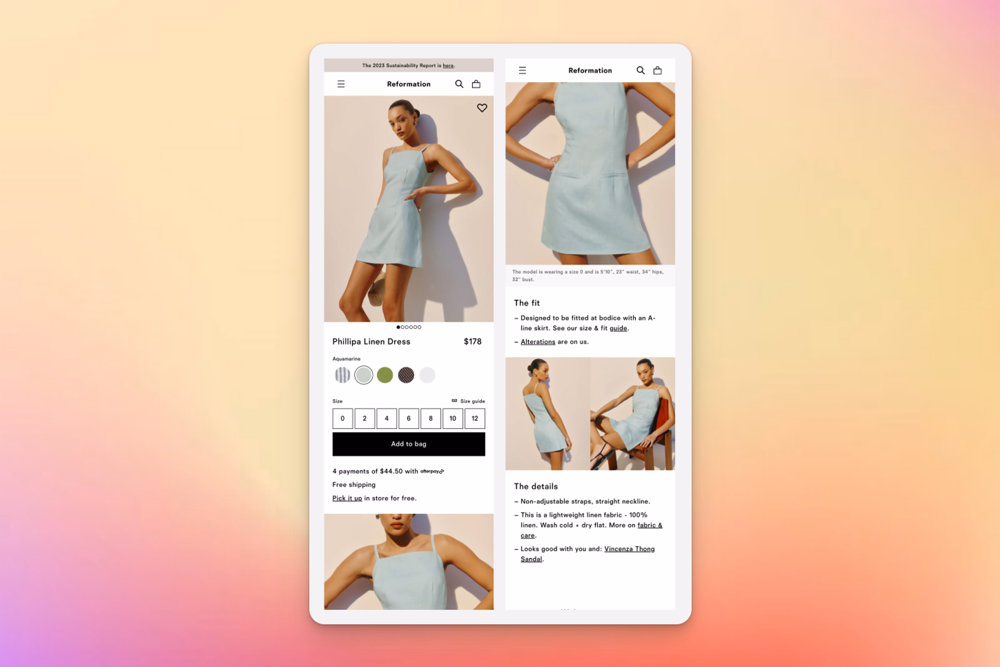 A Reformation ecommerce product page showcases the Phillipa Linen Dress, priced at $178. The left side displays a model wearing the dress, available in multiple colors and sizes, with an "Add to Bag" button and payment options. The right side highlights fit details, model measurements, fabric composition, and styling recommendations, with additional lifestyle images of the dress.