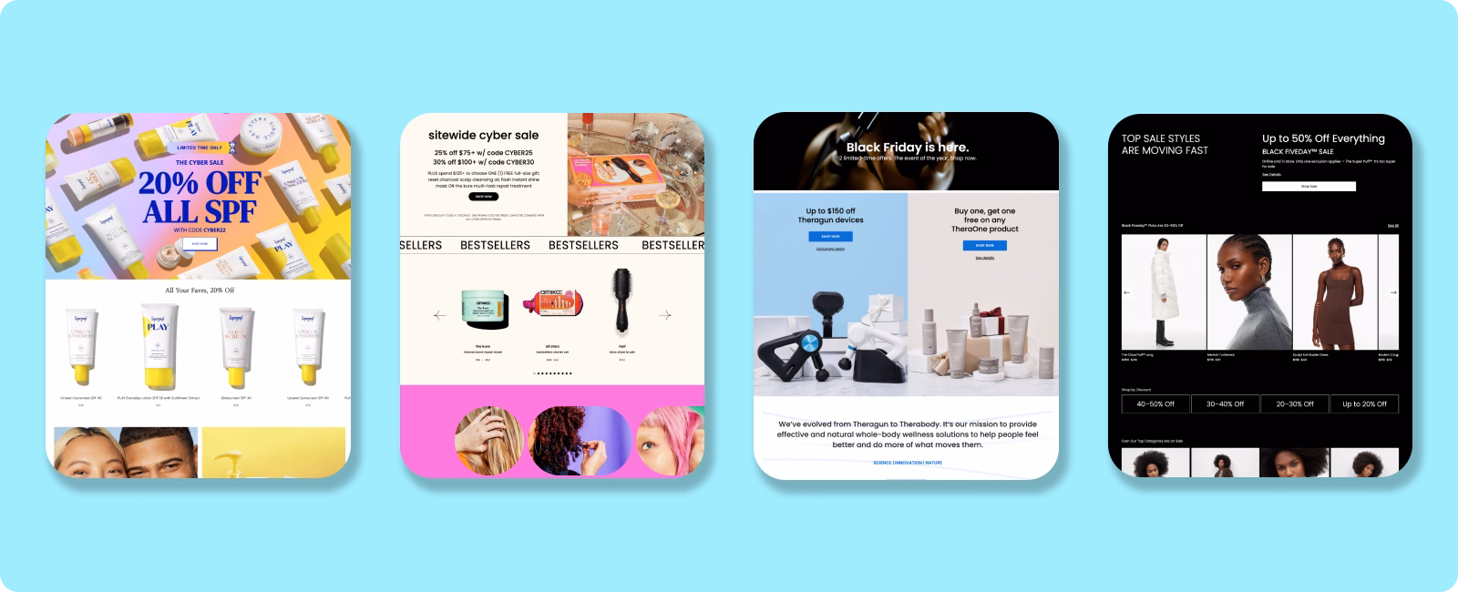 A collection of four Black Friday and Cyber Monday promotional landing pages showcasing discounts and product deals.