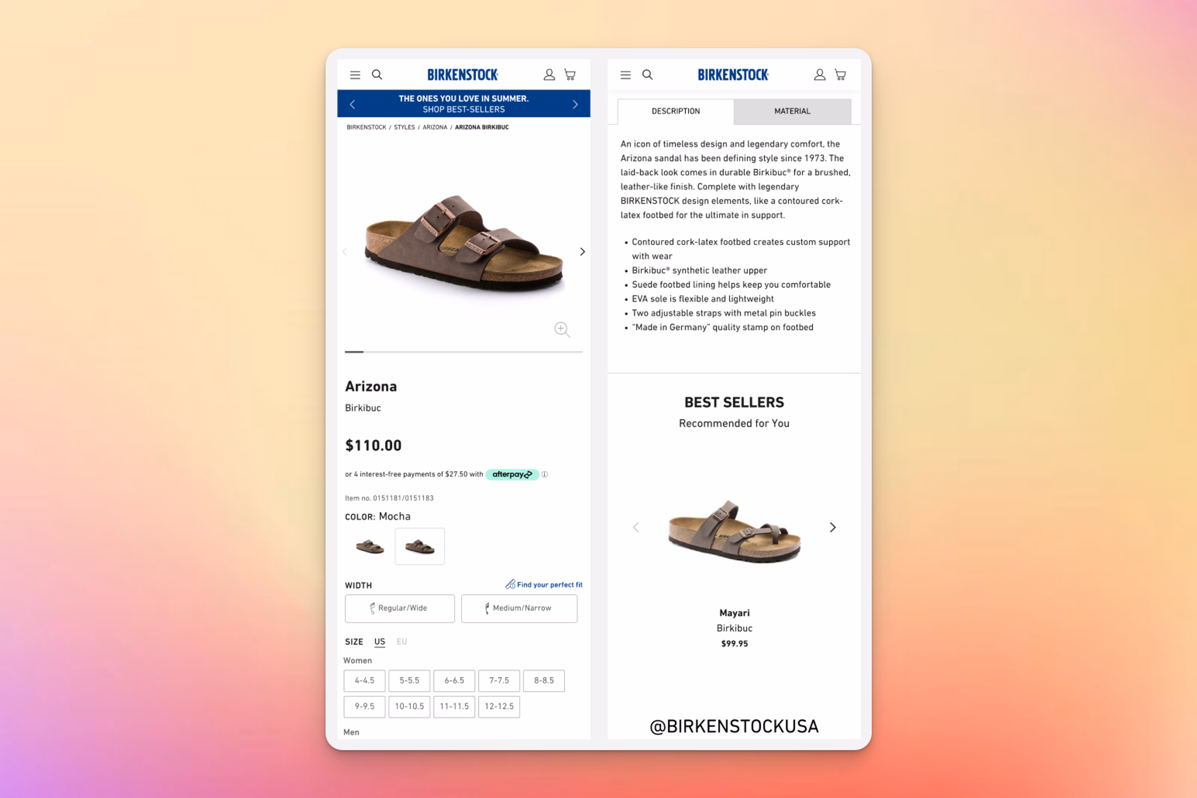 A Birkenstock ecommerce product page showcases the Arizona sandal in Mocha, priced at $110. The left side features a large product image, payment options, color selection, width choices, and size availability. The right side provides a detailed product description highlighting materials, comfort, and design features. A "Best Sellers" section recommends similar products, including the Mayari sandal.