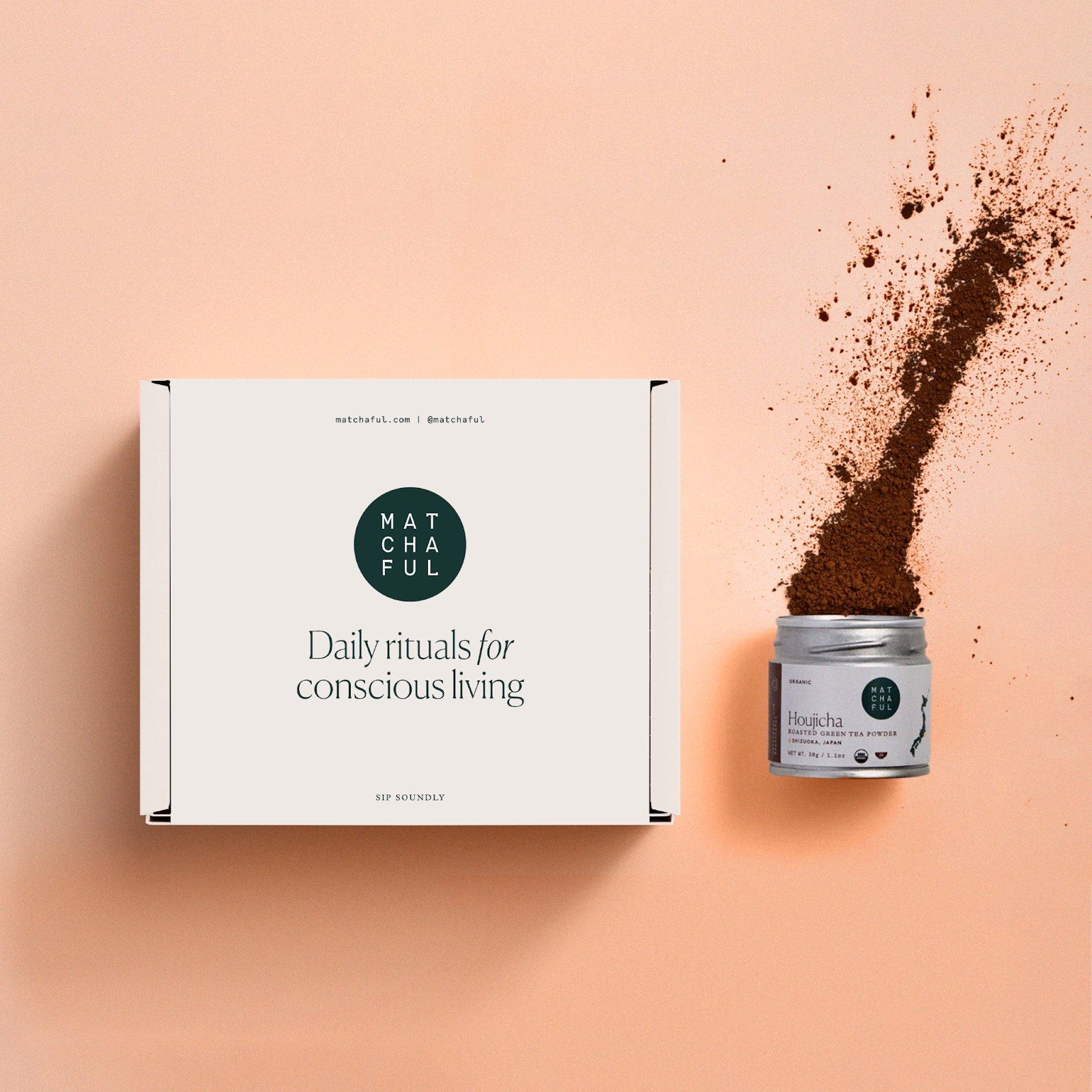 Custom packaging with brand logo, website, tagline, and minimalistic branding.