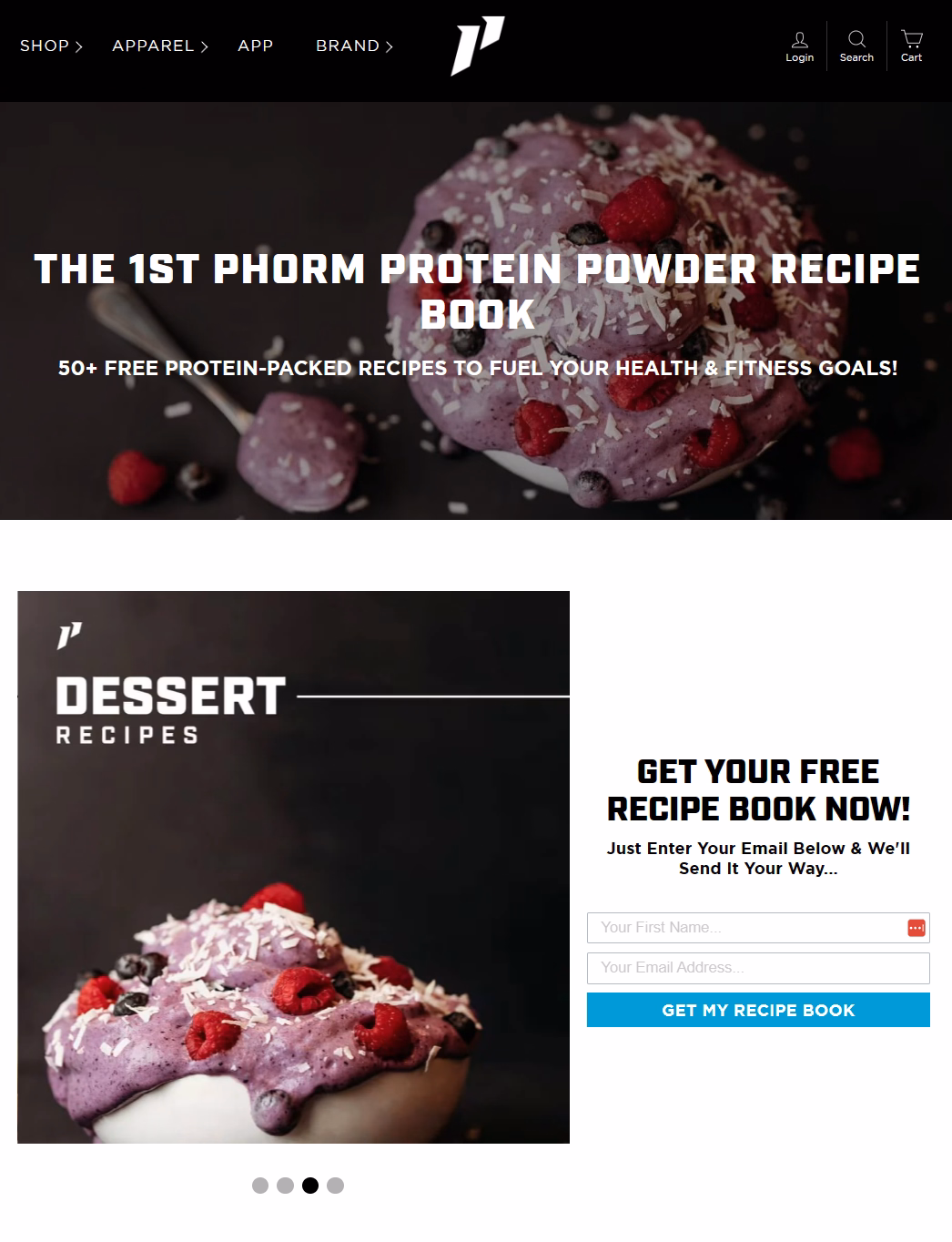 A landing page for a free 1st Phorm protein powder recipe book offers 50+ recipes.