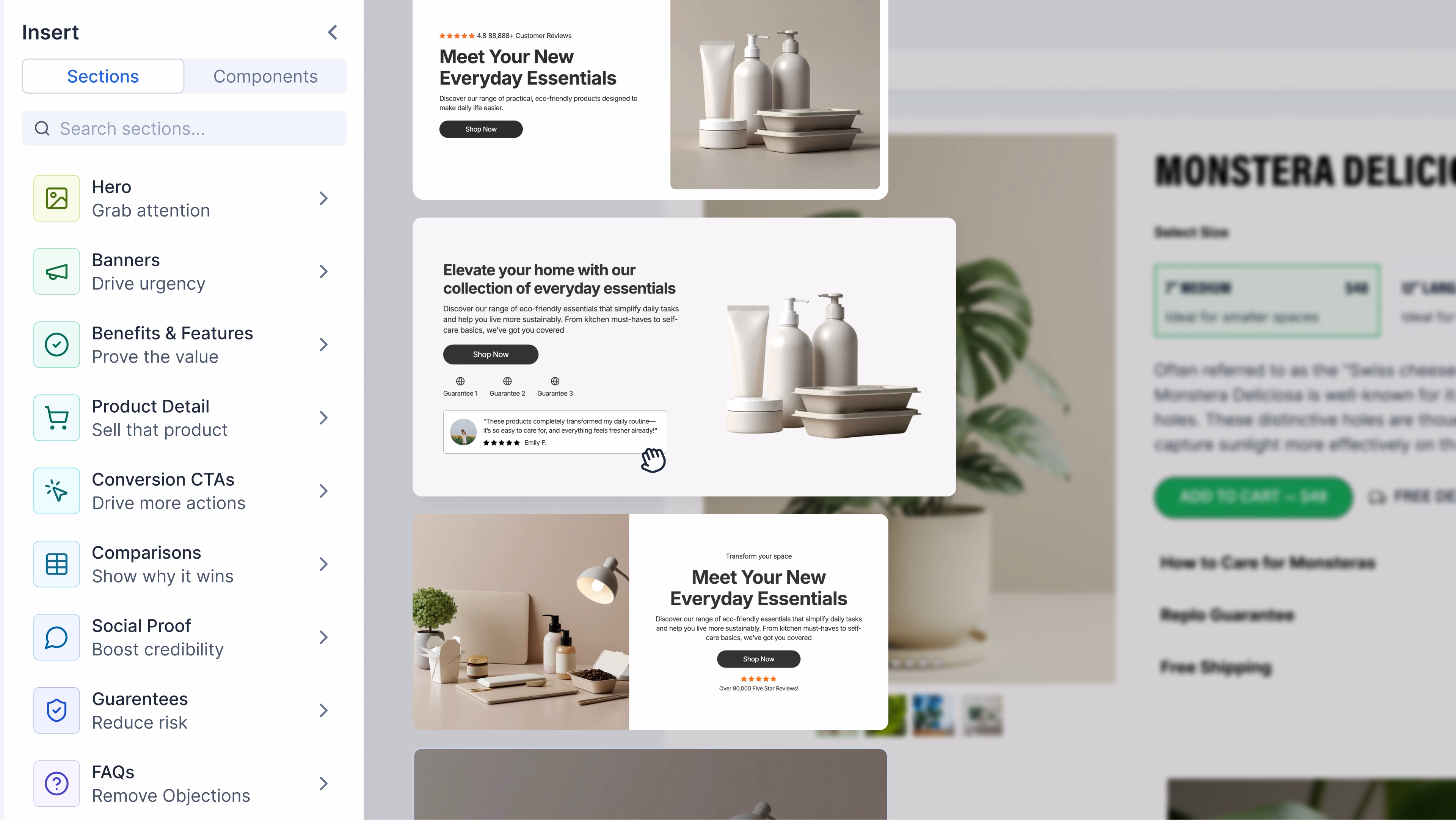 Ecommerce landing page editor displays modular sections like hero, product detail, and social proof for Shopify brands.