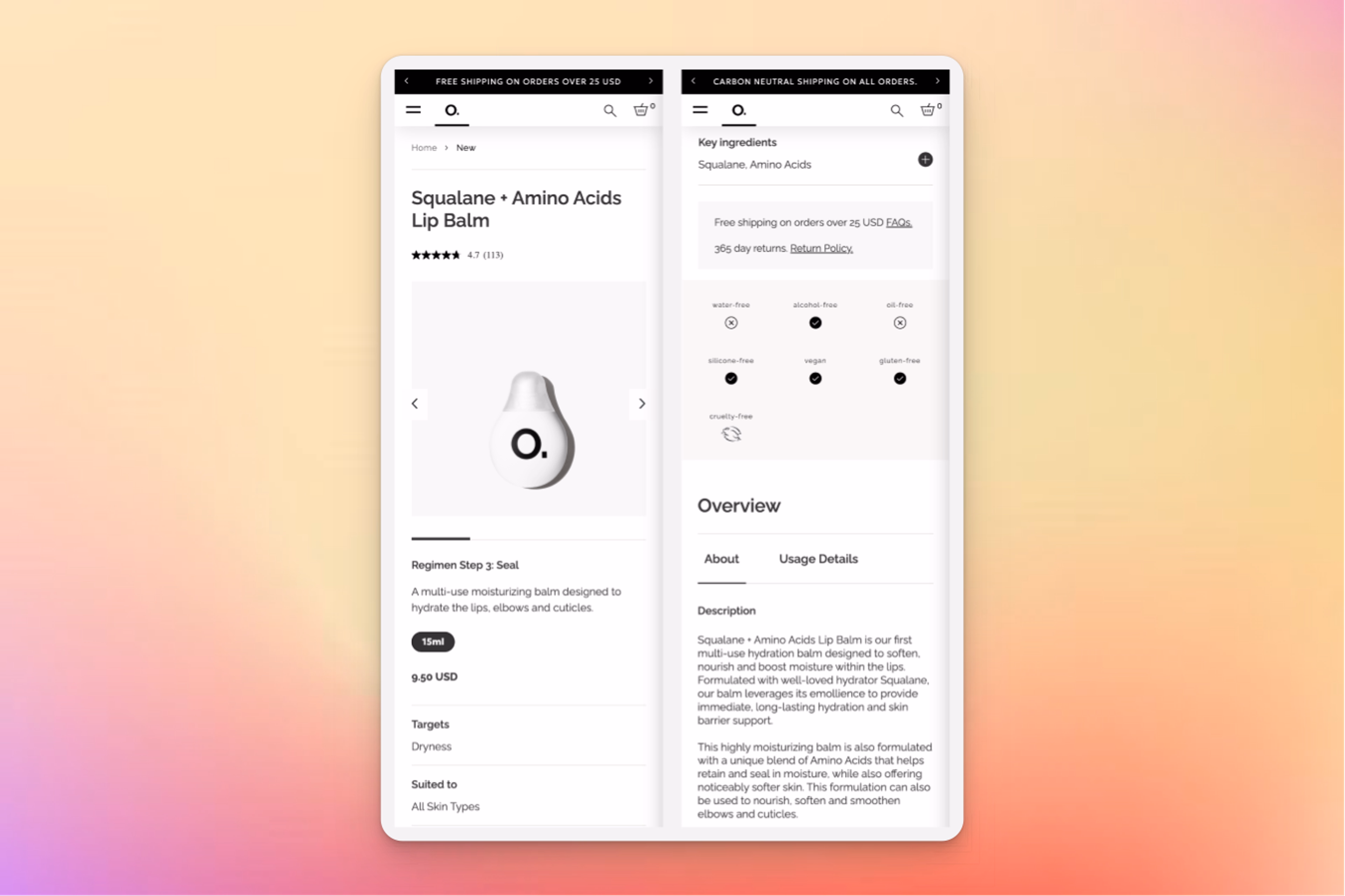 A minimalist ecommerce product page for The Ordinary’s Squalane + Amino Acids Lip Balm. The left side displays the product image, price ($9.50 USD), key benefits, and suitability for all skin types. The right side highlights ingredient details, including its vegan and gluten-free formula, along with a detailed product description emphasizing hydration and multi-use benefits.