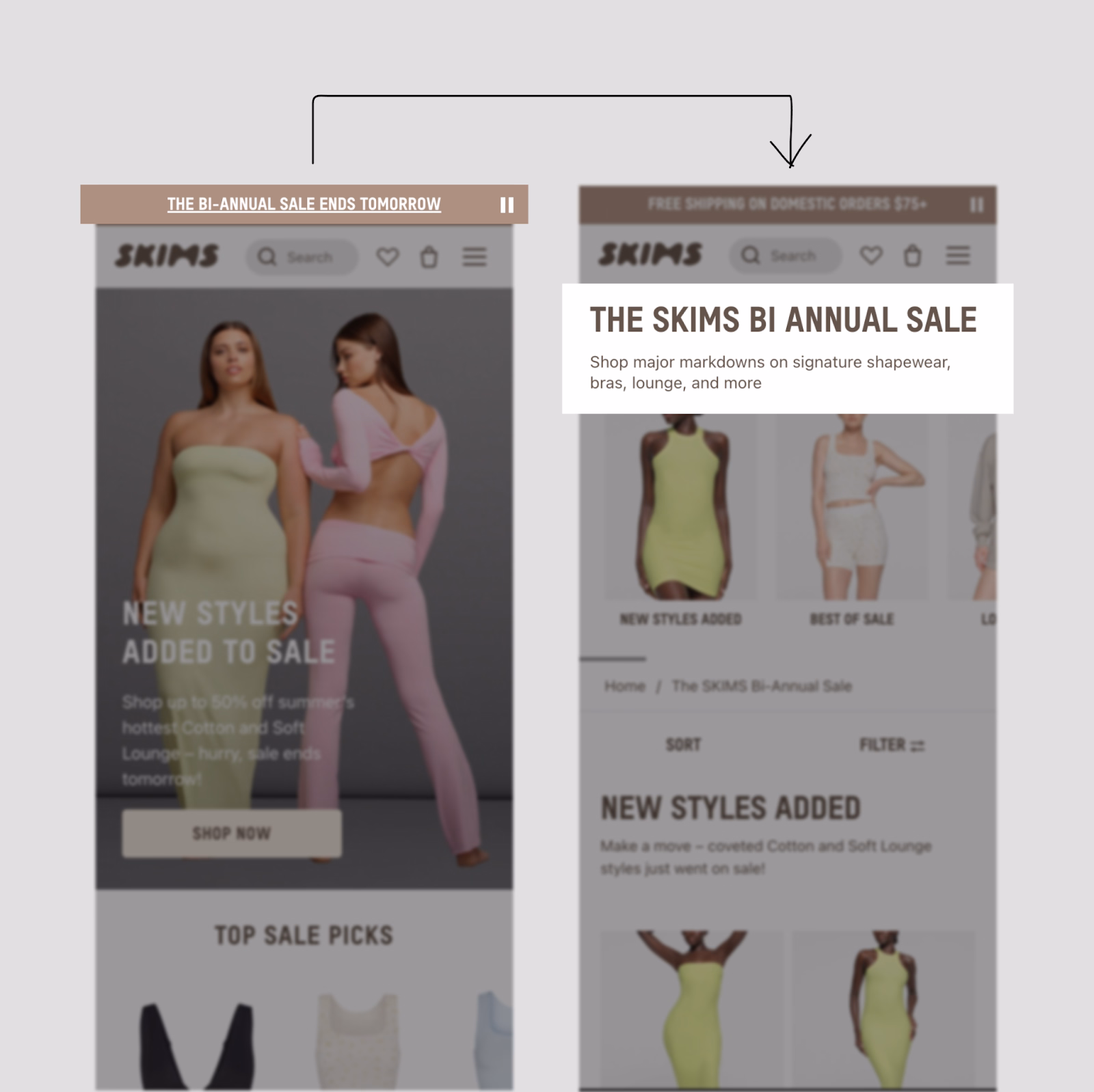 A side-by-side comparison of a fashion sale landing page with urgency banners and clear promotional messaging.