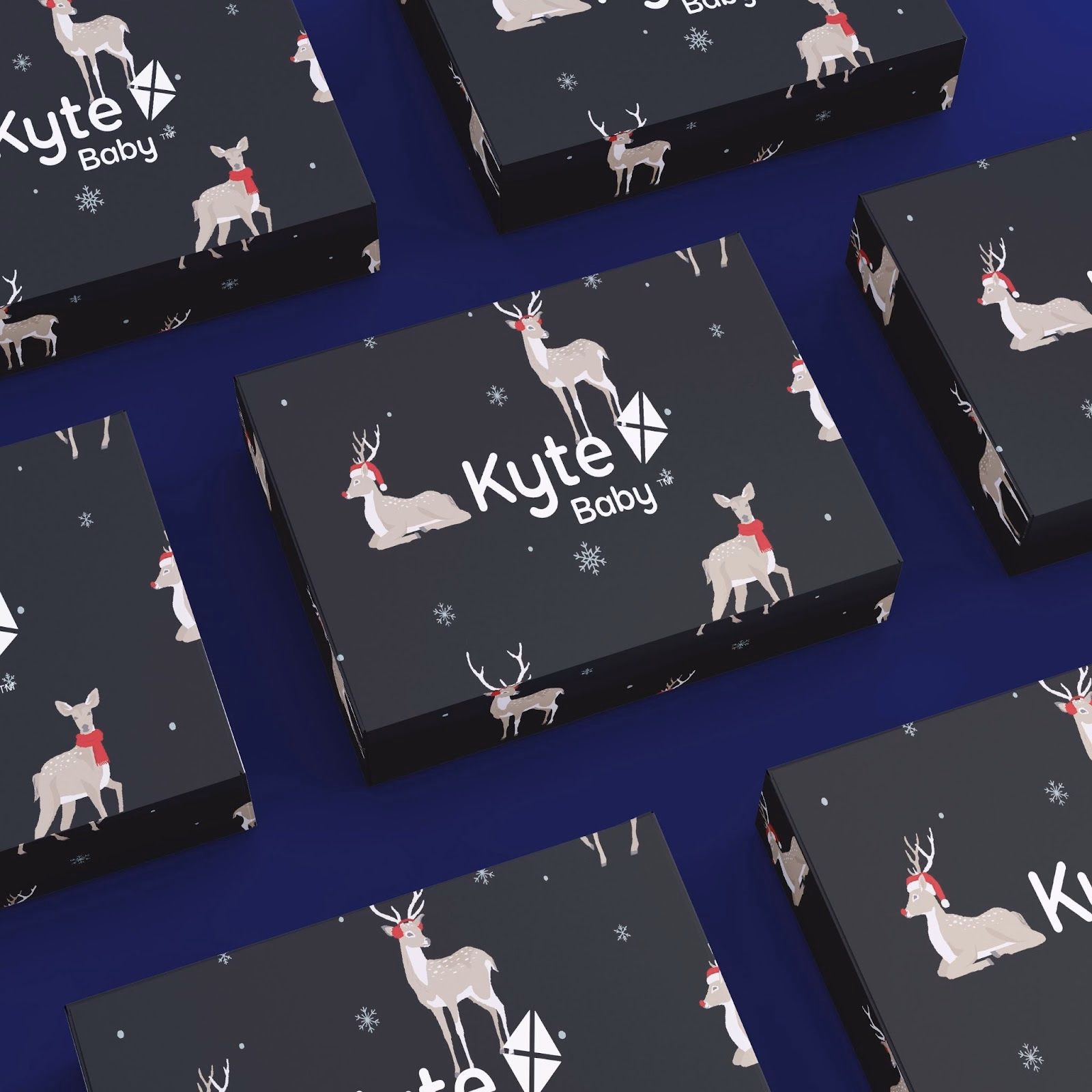 Example of custom holiday packaging with reindeer and snowflake designs.