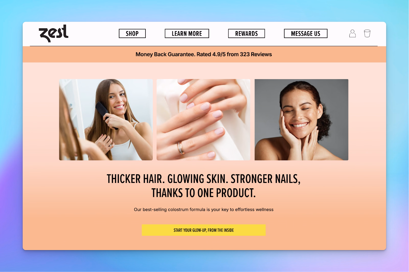 Shopify landing page for colostrum promotes thicker hair, glowing skin, and stronger nails with lifestyle imagery.