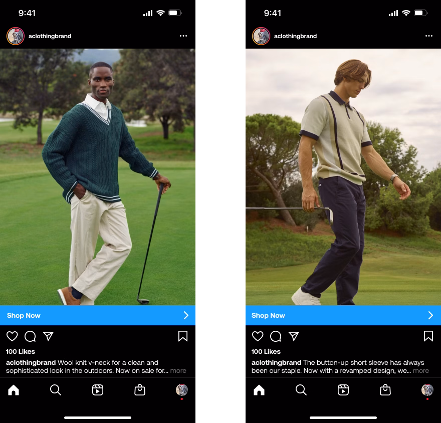 Two male models pose on a golf course wearing preppy outfits featured in a Shopify landing page builder campaign.