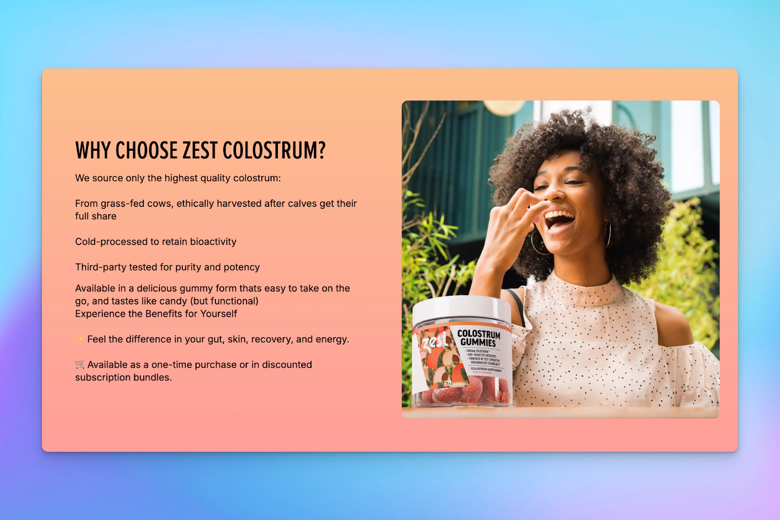 A smiling woman eats Zest Colostrum Gummies beside a product jar on an ecommerce landing page layout.