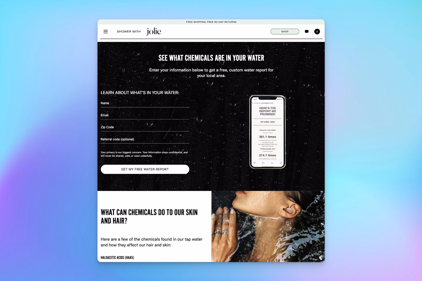 A landing page features a water quality quiz form and a phone mockup displaying custom local water reports for users.