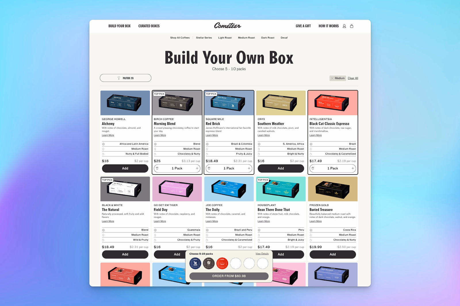 A Shopify landing page builder layout shows a coffee subscription interface where users can customize a box with multiple roasts.