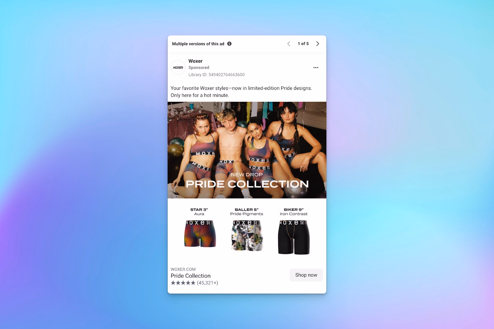 Meta ad driving traffic to a matching landing page for Woxer pride collection