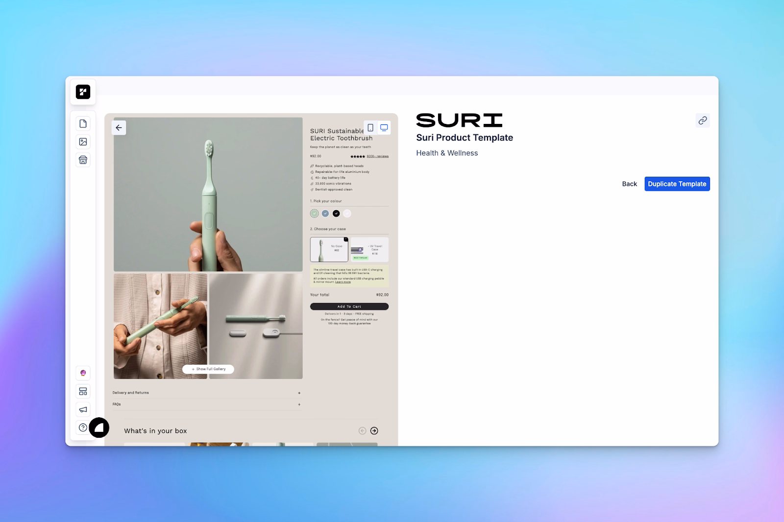 Preview of a Shopify product page template for SURI electric toothbrush featuring product details, gallery, and purchase options.