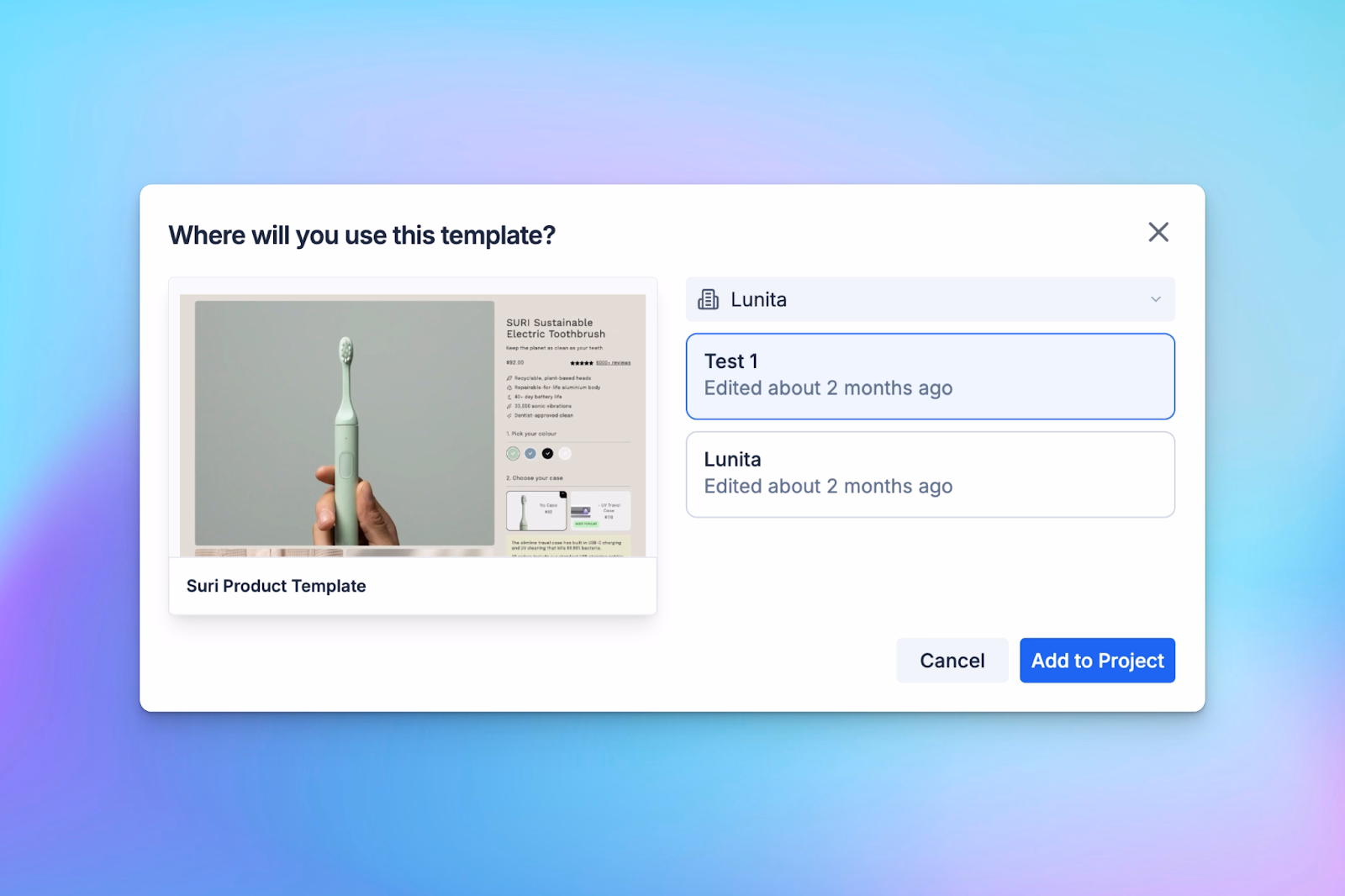 A modal window displaying the Suri Product Template and project selection for adding it to an ecommerce website project.
