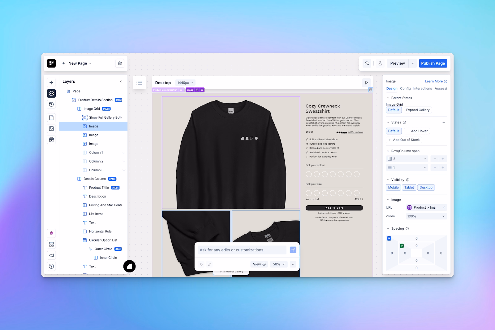A Shopify landing page editor customizing a sweatshirt product page with image grid, sizing options, and design settings panel.