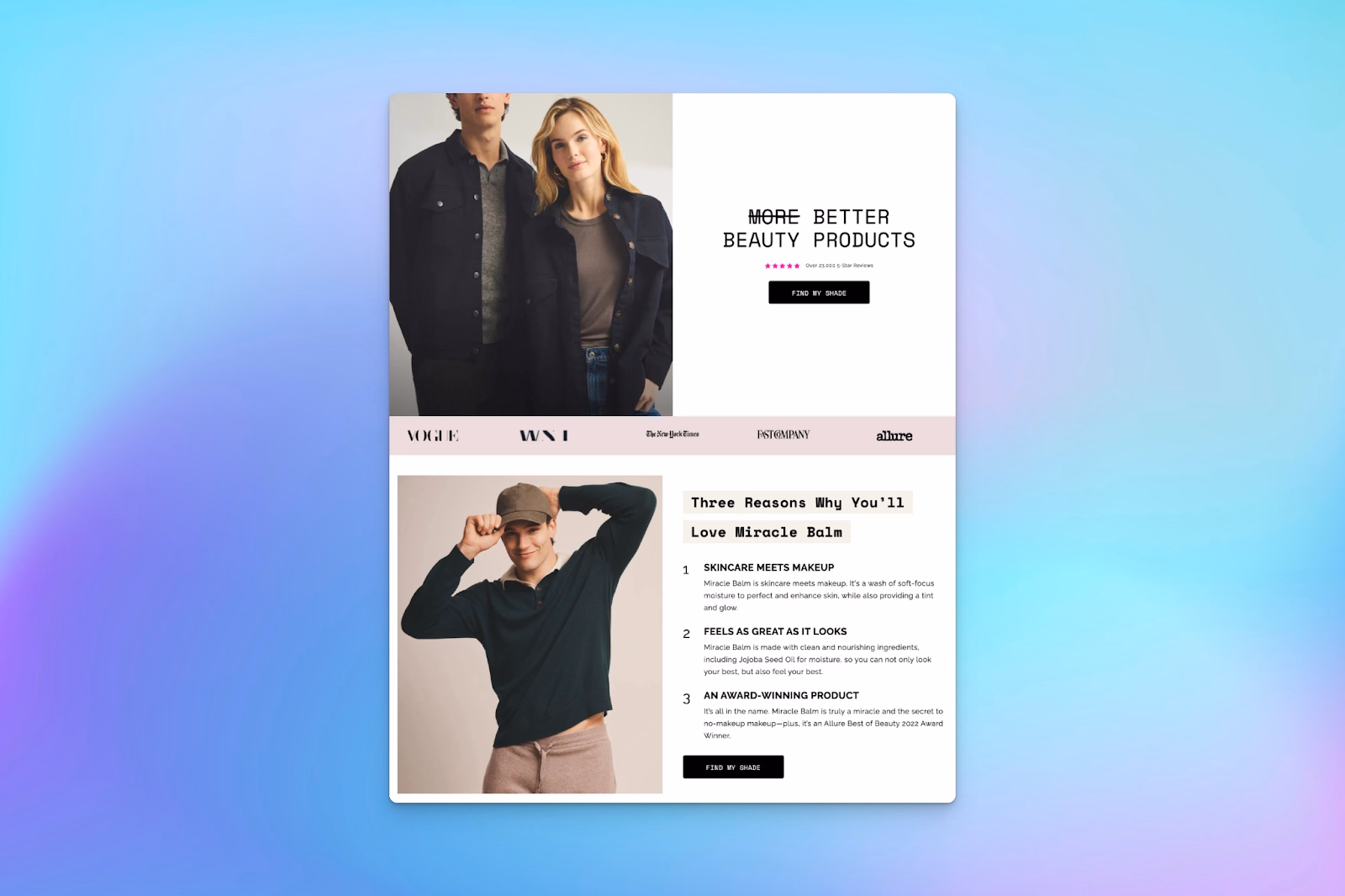 A custom ecommerce landing page promoting beauty products, featuring lifestyle images, product benefits, and brand endorsements.