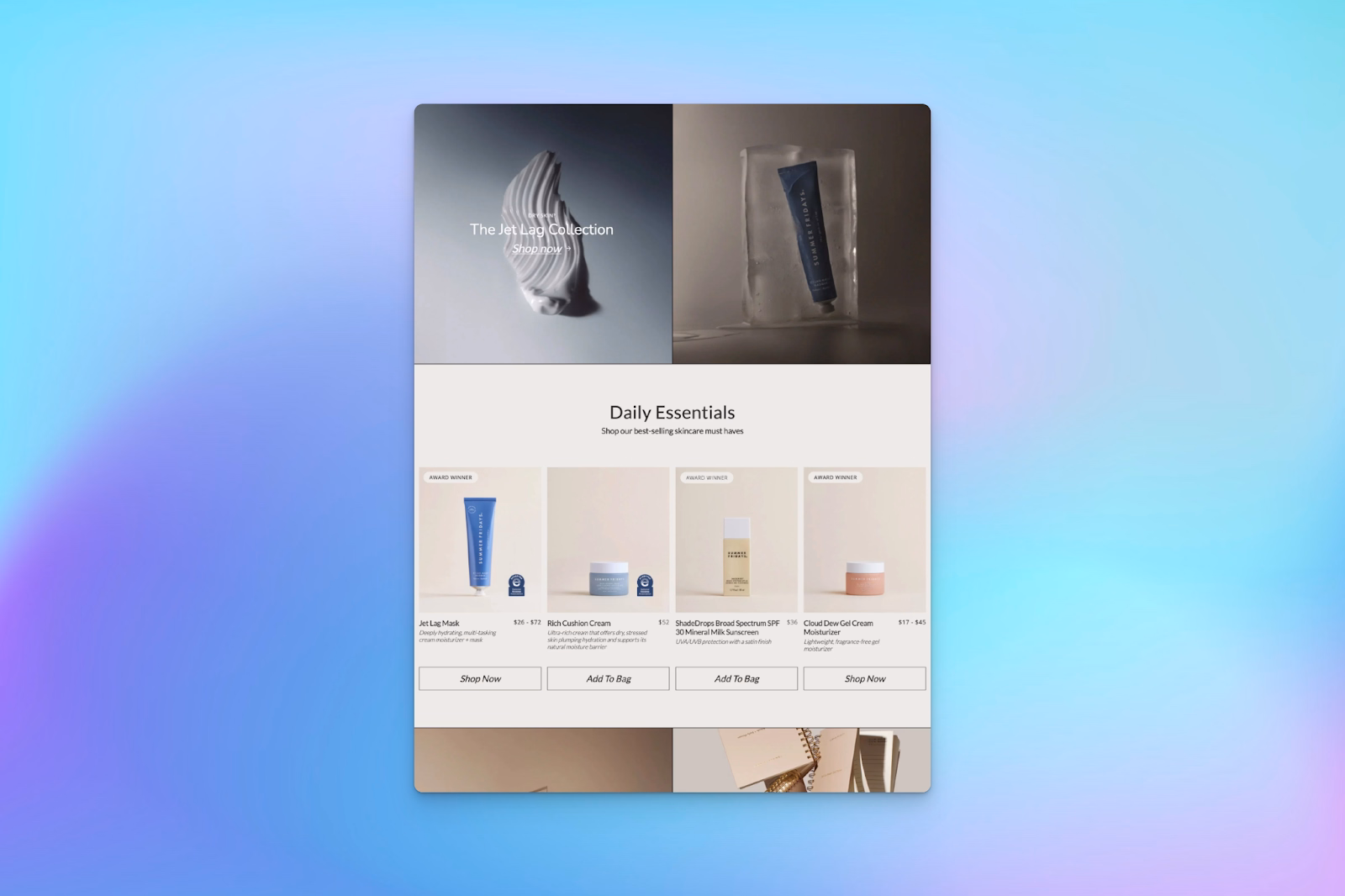 A custom ecommerce product page featuring skincare essentials, including product images, descriptions, and call-to-action buttons.