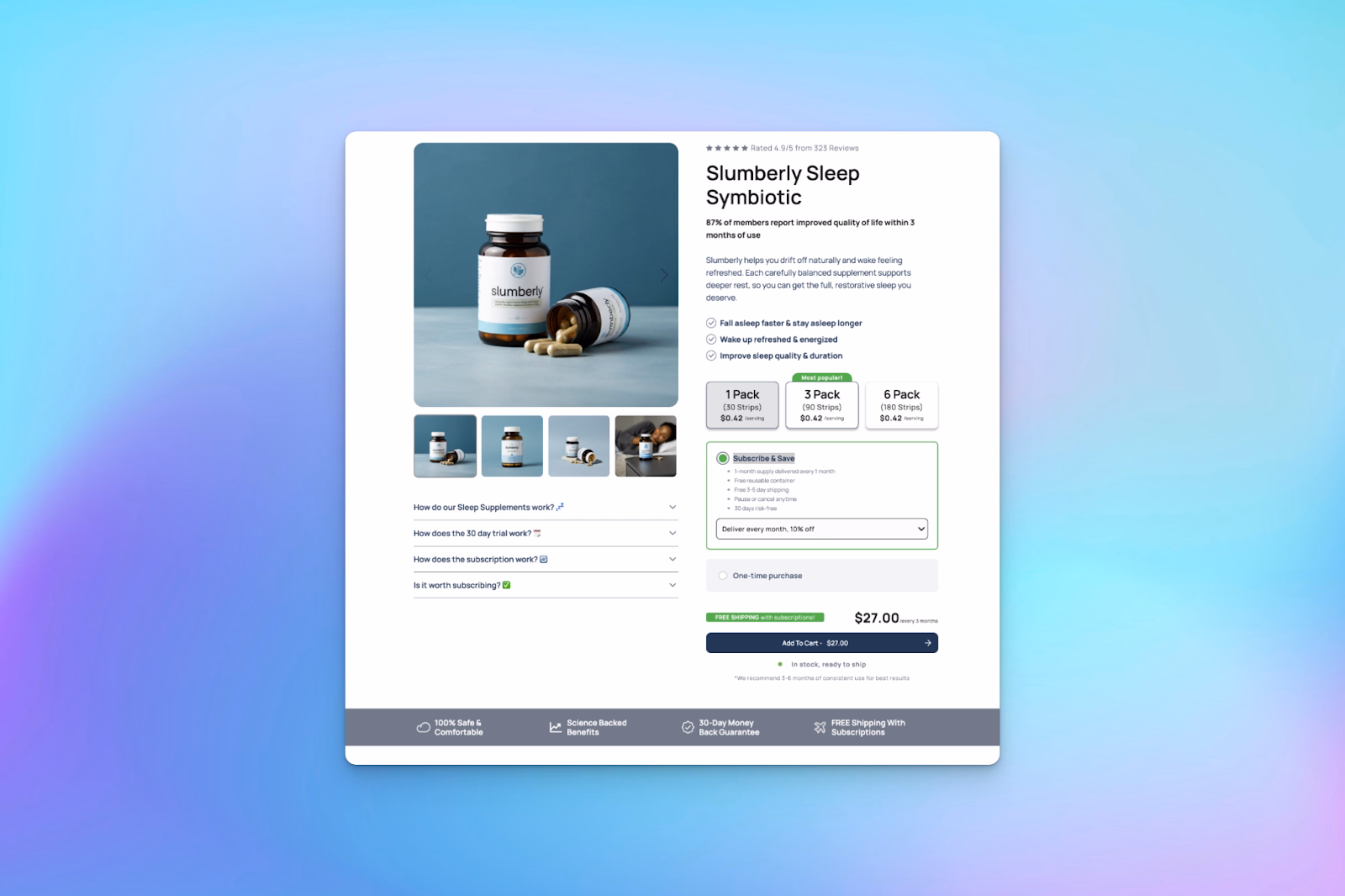 An ecommerce product page featuring Slumberly Sleep Symbiotic supplements with product images, pricing, subscription options, and benefits.