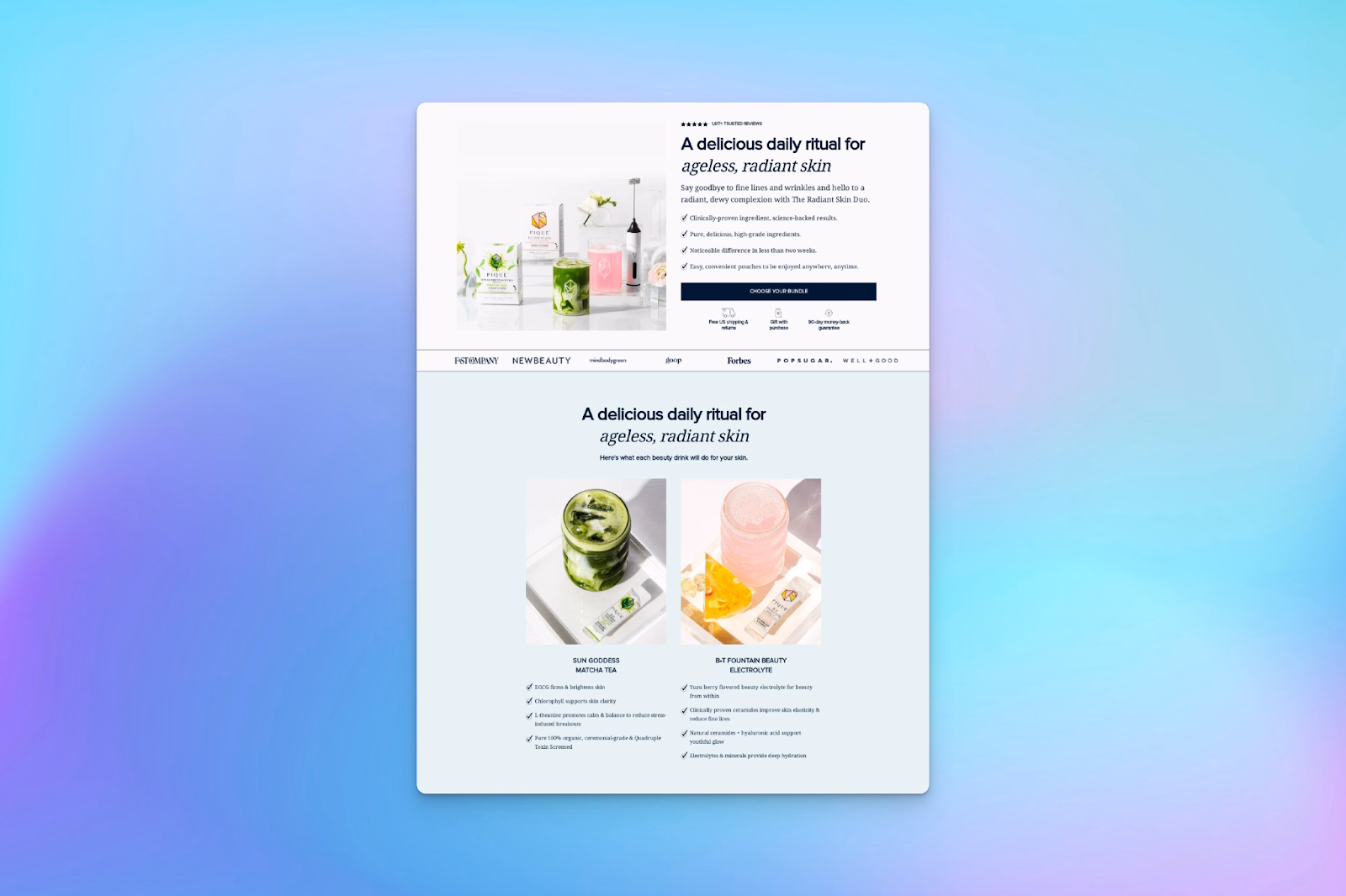A Shopify landing page promoting beauty wellness drinks, featuring product images, benefits, and a call-to-action button.