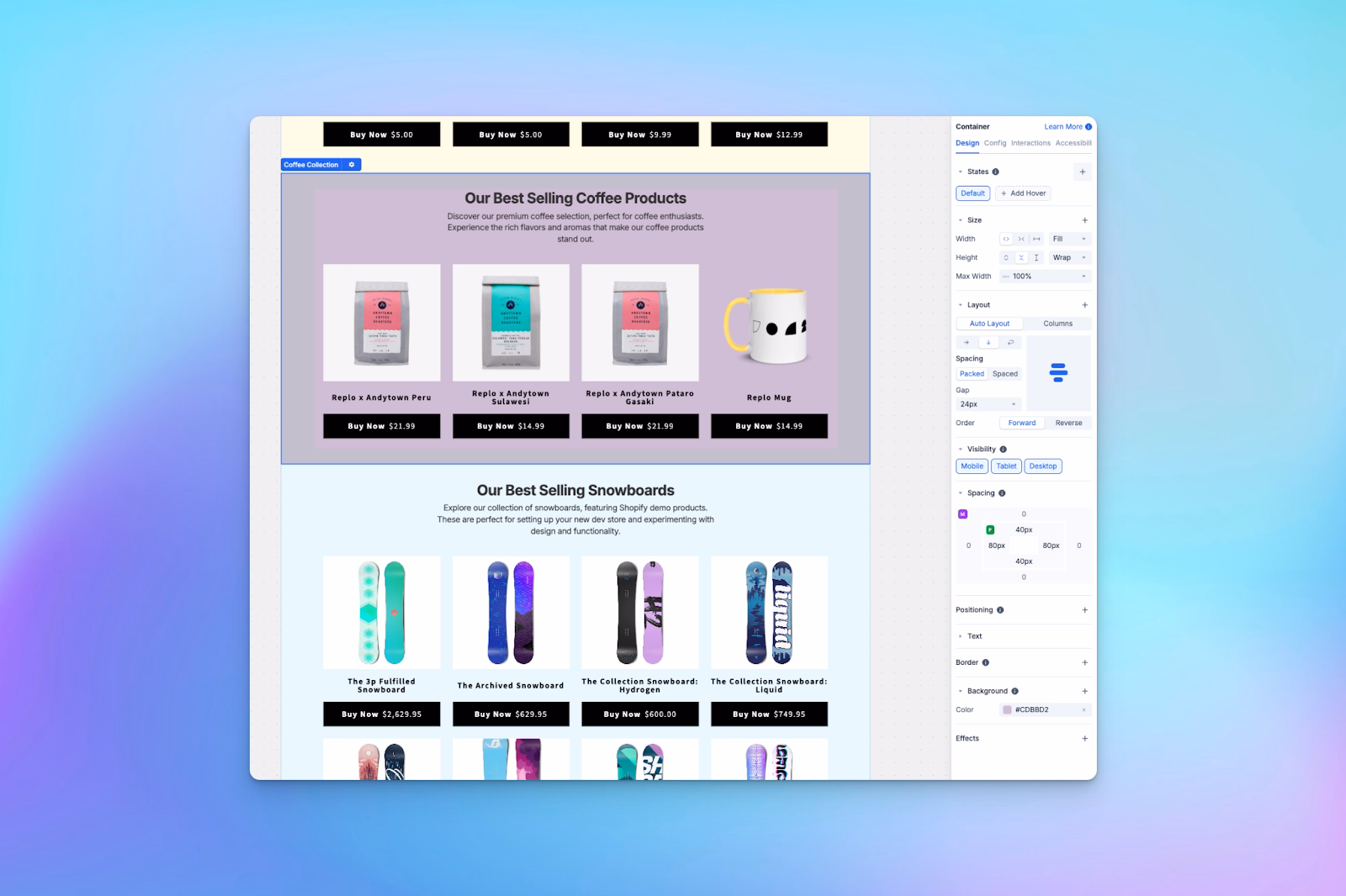 A custom Shopify landing page shows best-selling coffee products and snowboards with layout tools on the right panel.