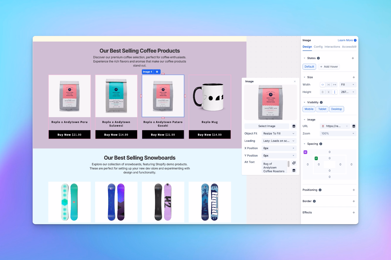 A Shopify landing page editor displays coffee and snowboard products with image editing tools for product page customization.