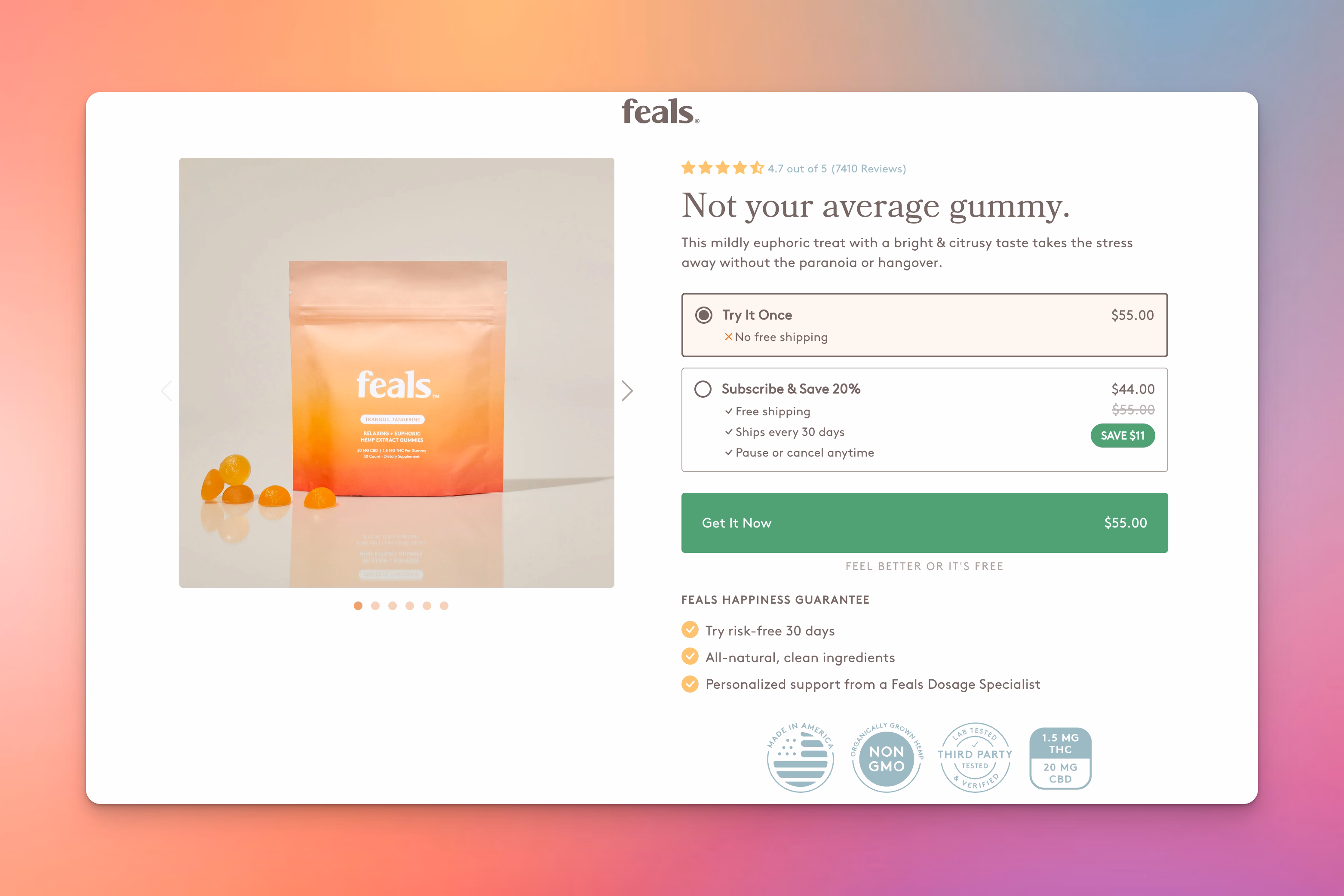 Feals' PDP page with their subscription offer of a signature gummy product