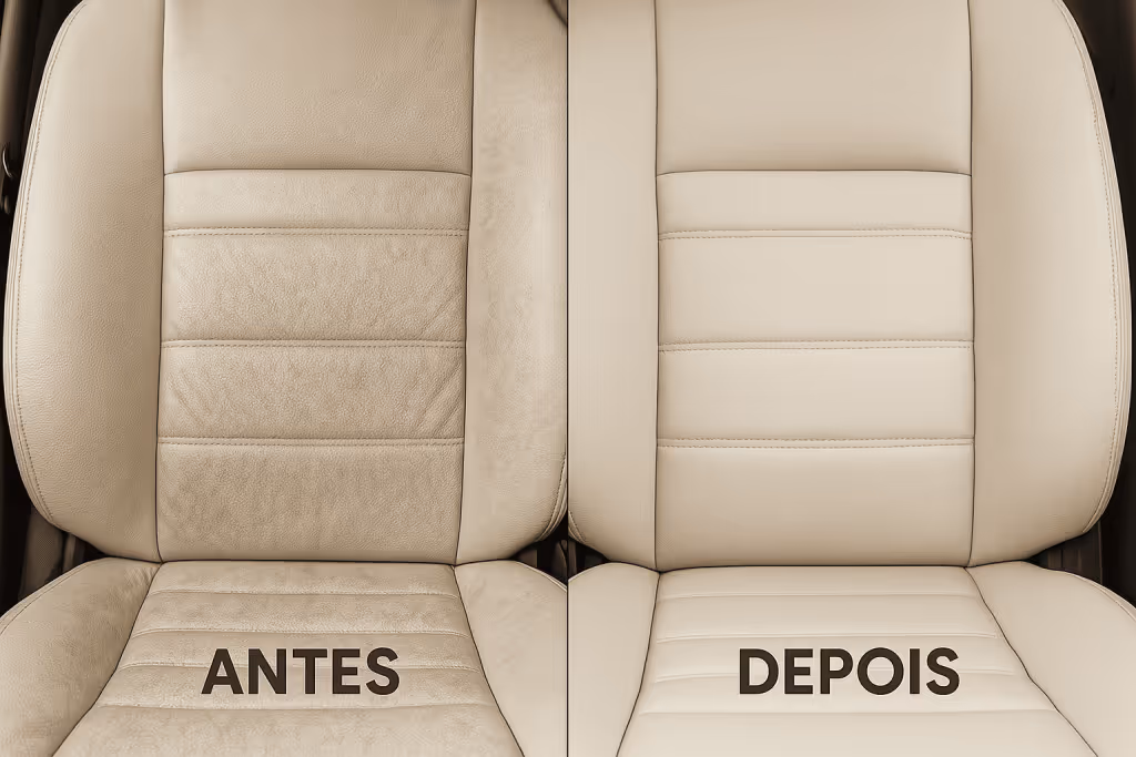Resultado da limpeza de banco de couro mostrando diferença entre sujo e limpo.