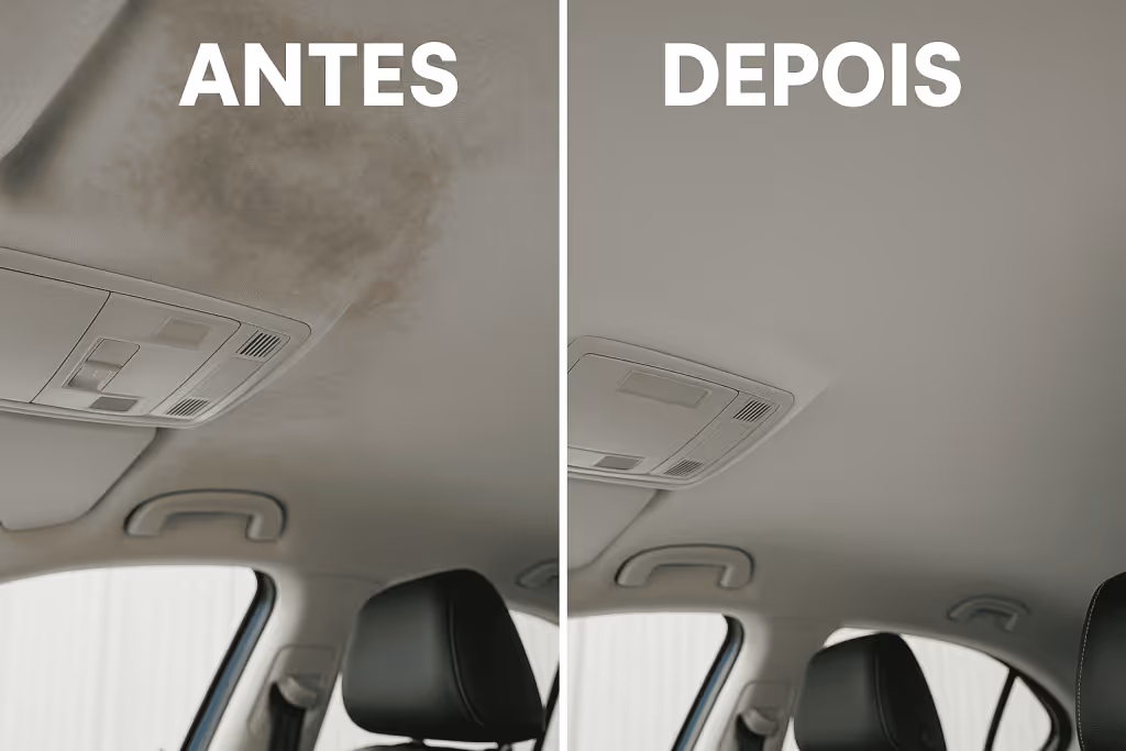 Resultado visual de como limpar o teto do carro corretamente sem deixar manchas ou resíduos.