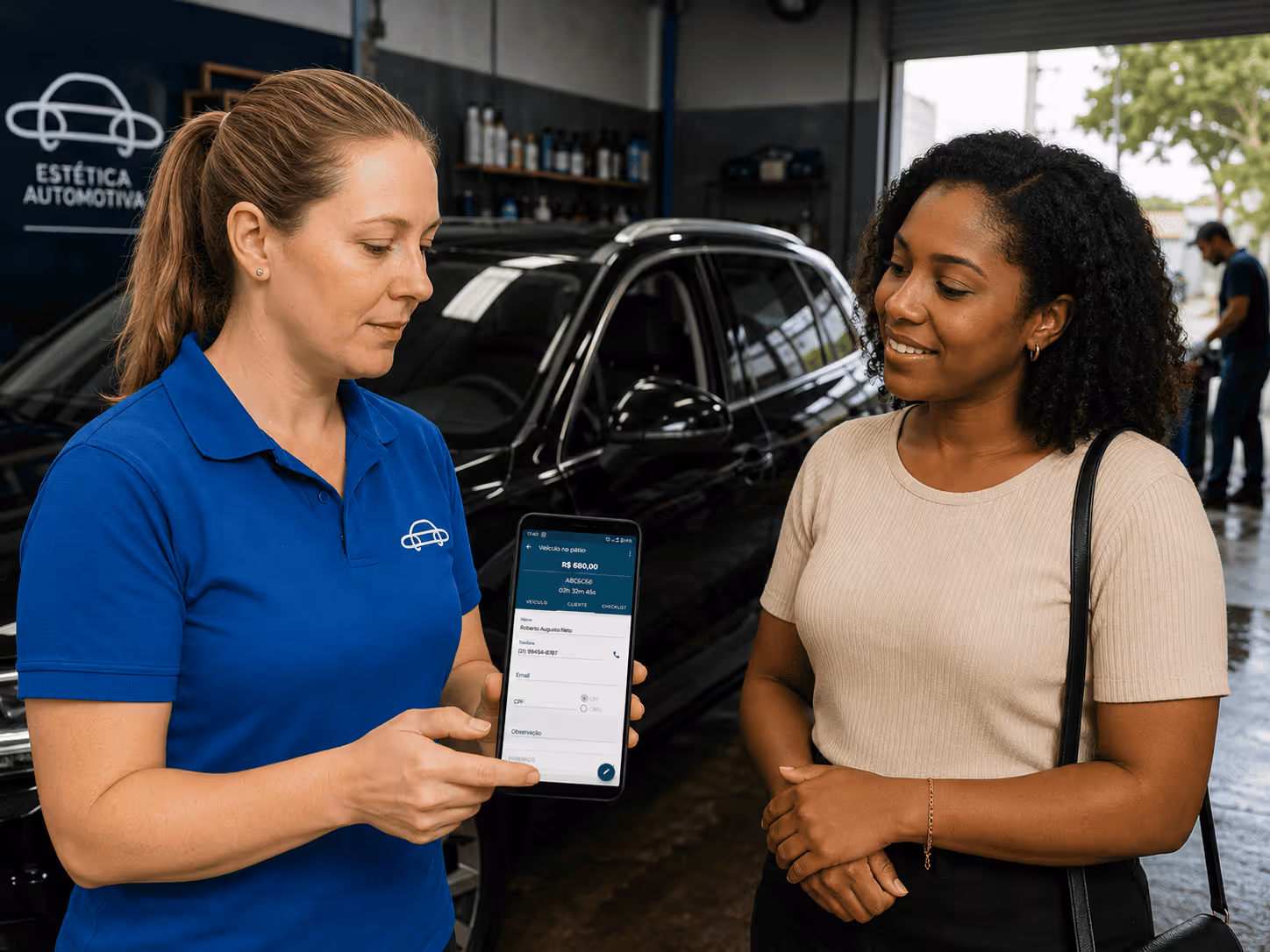 Mulher atendendo cliente na estética automotiva através do aplicativo operacional Jump Car