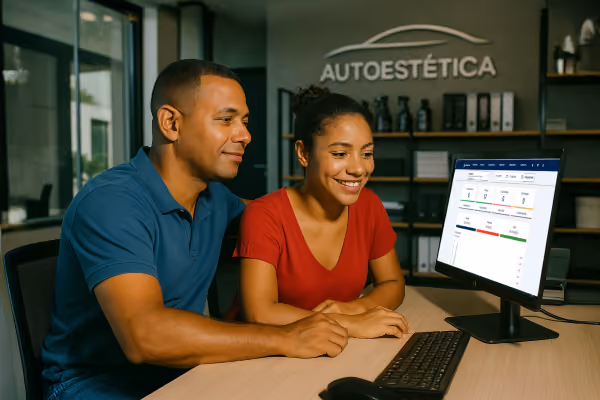 Mulher atendendo cliente na estética automotiva através do aplicativo operacional Jump Car