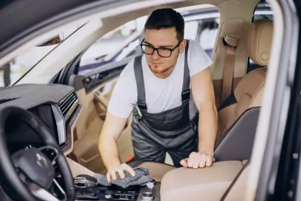 Profissional de estética automotiva aplicando produto para hidratar banco de couro
