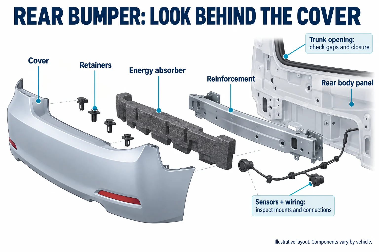 Exploded diagram of a rear bumper showing the cover, retainers, energy absorber, reinforcement, rear body panel, trunk opening and parking sensor wiring to inspect after an impact