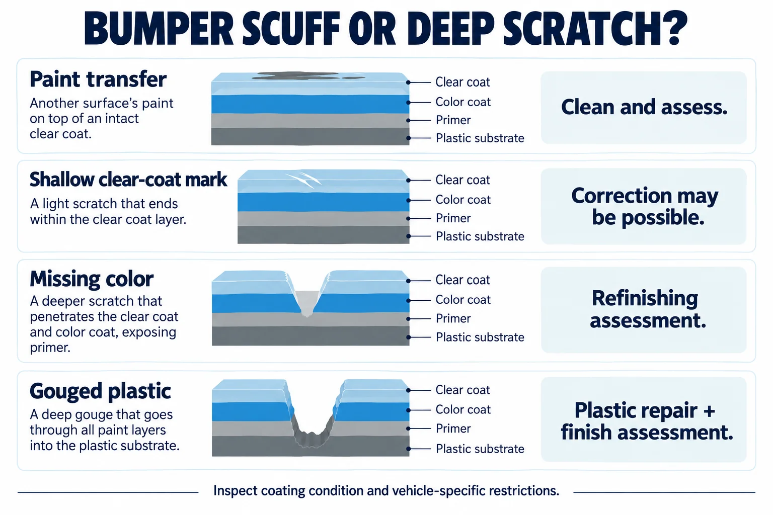 Paint layer diagram comparing bumper paint transfer, a shallow clear coat mark, missing color and gouged plastic, with the repair each one usually needs