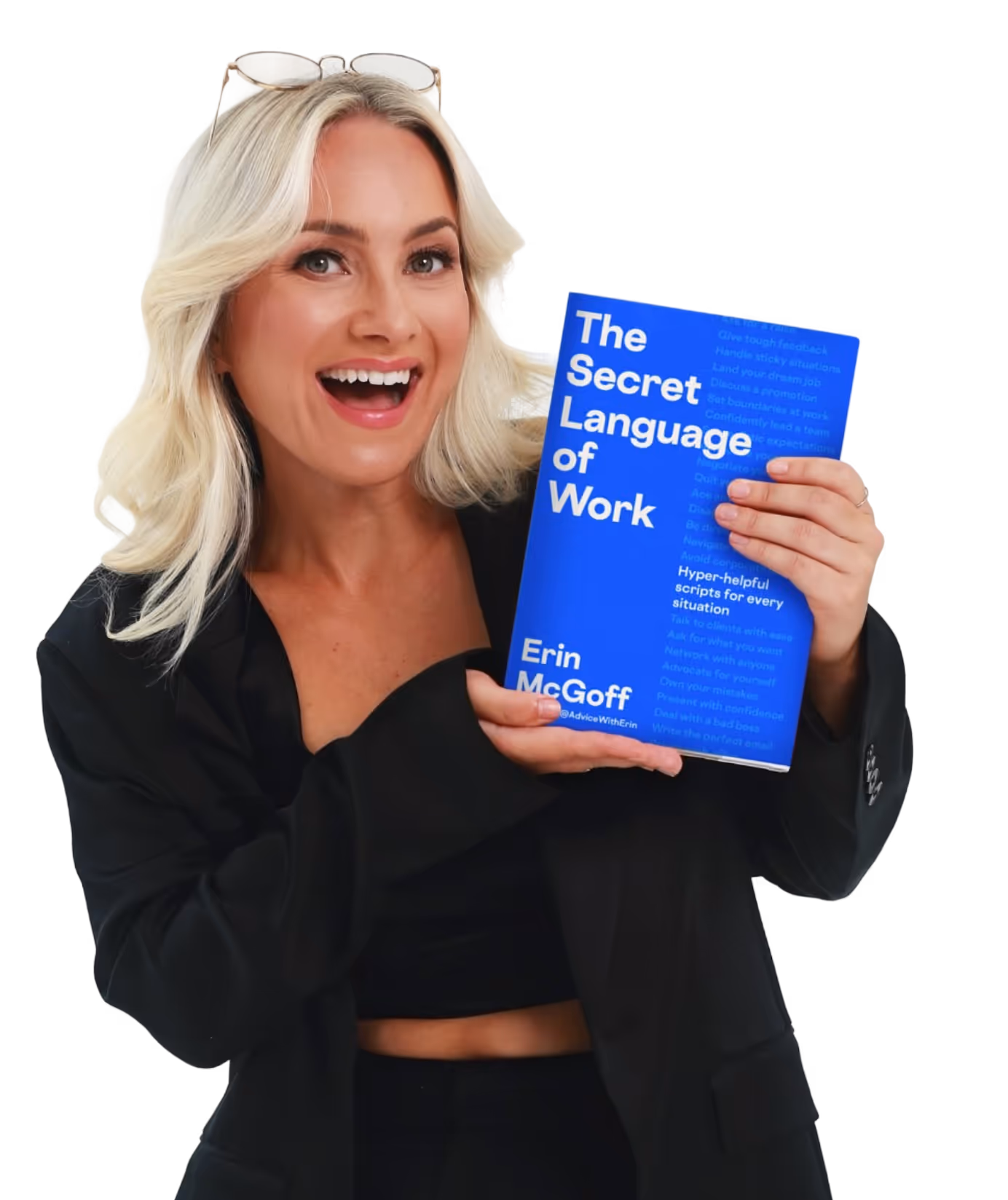 Smiling woman with blonde hair holds up a blue book titled 'The Secret Language of Work' by Erin McGoff.