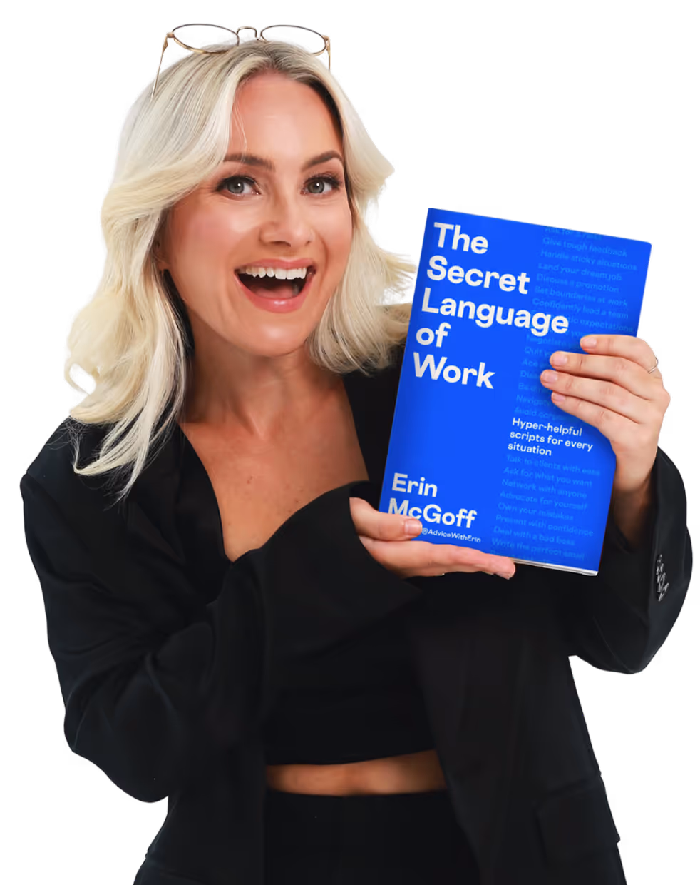 Smiling blonde woman holding a blue book titled 'The Secret Language of Work' by Erin McGoff.