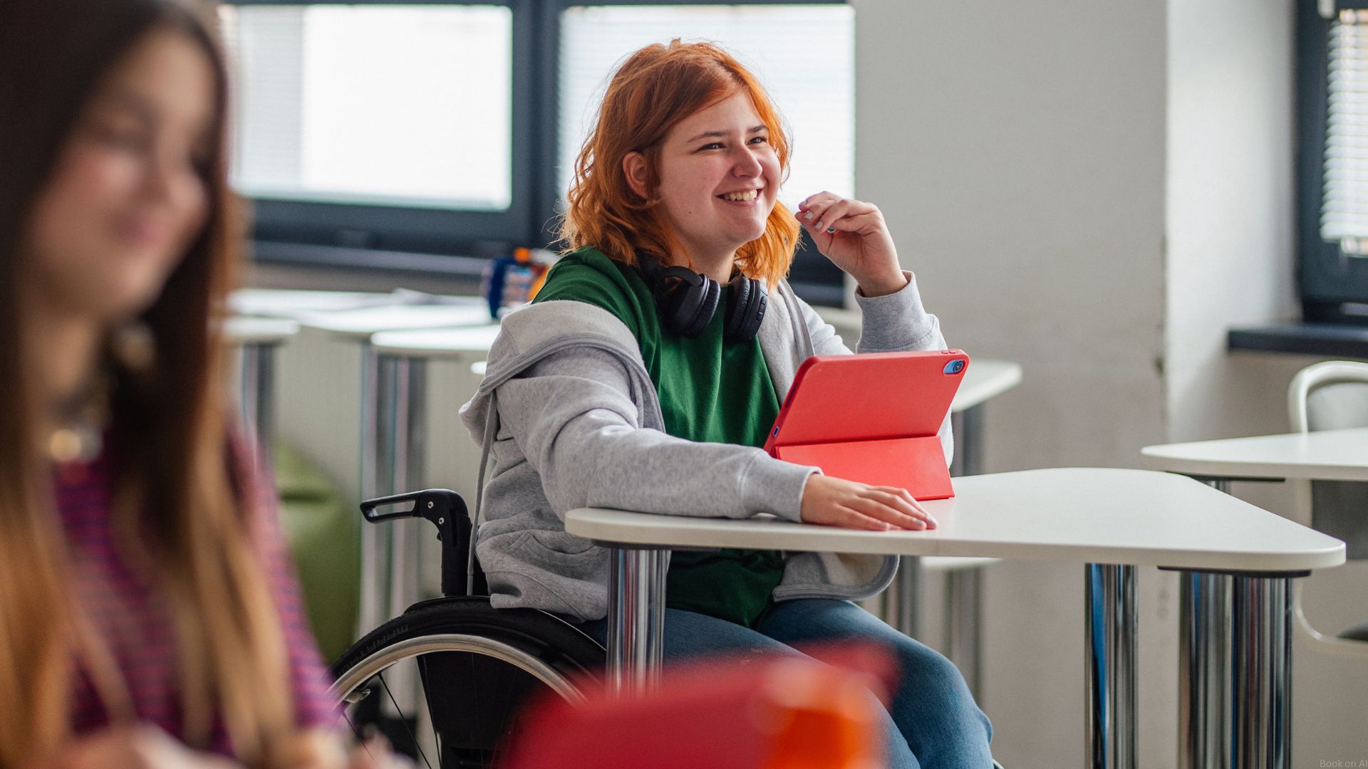 A student in a classroom using AI tools for accessibility in learning.