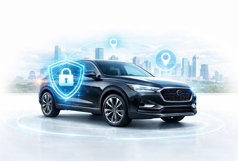 image of futuristic SUV in glowing showroom