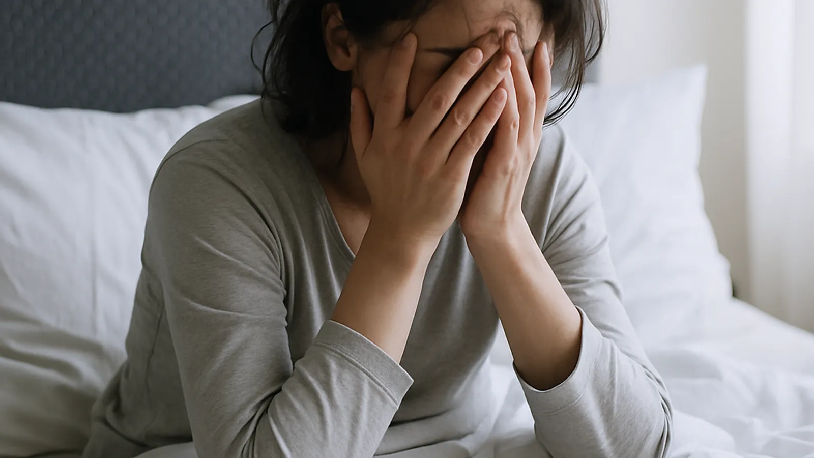 Gestresste Frau sitzt erschöpft im Bett und hält das Gesicht in den Händen – Symbol für schlechten Schlaf und Schlafprobleme