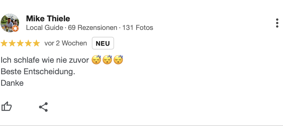Google Rezension: hohe Qualität und perfekte Anpassung der Luxupur Matratze