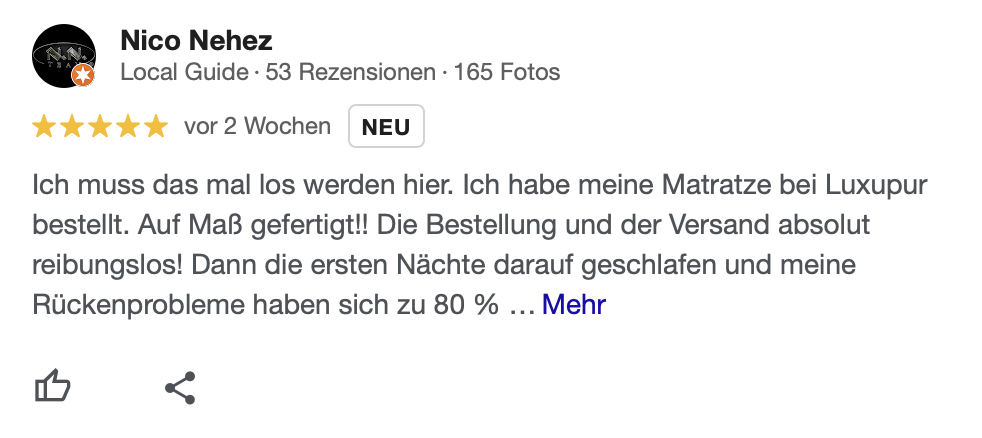 Positive Google Rezension: weniger Schmerzen dank individuell angepasster Luxupur Matratze