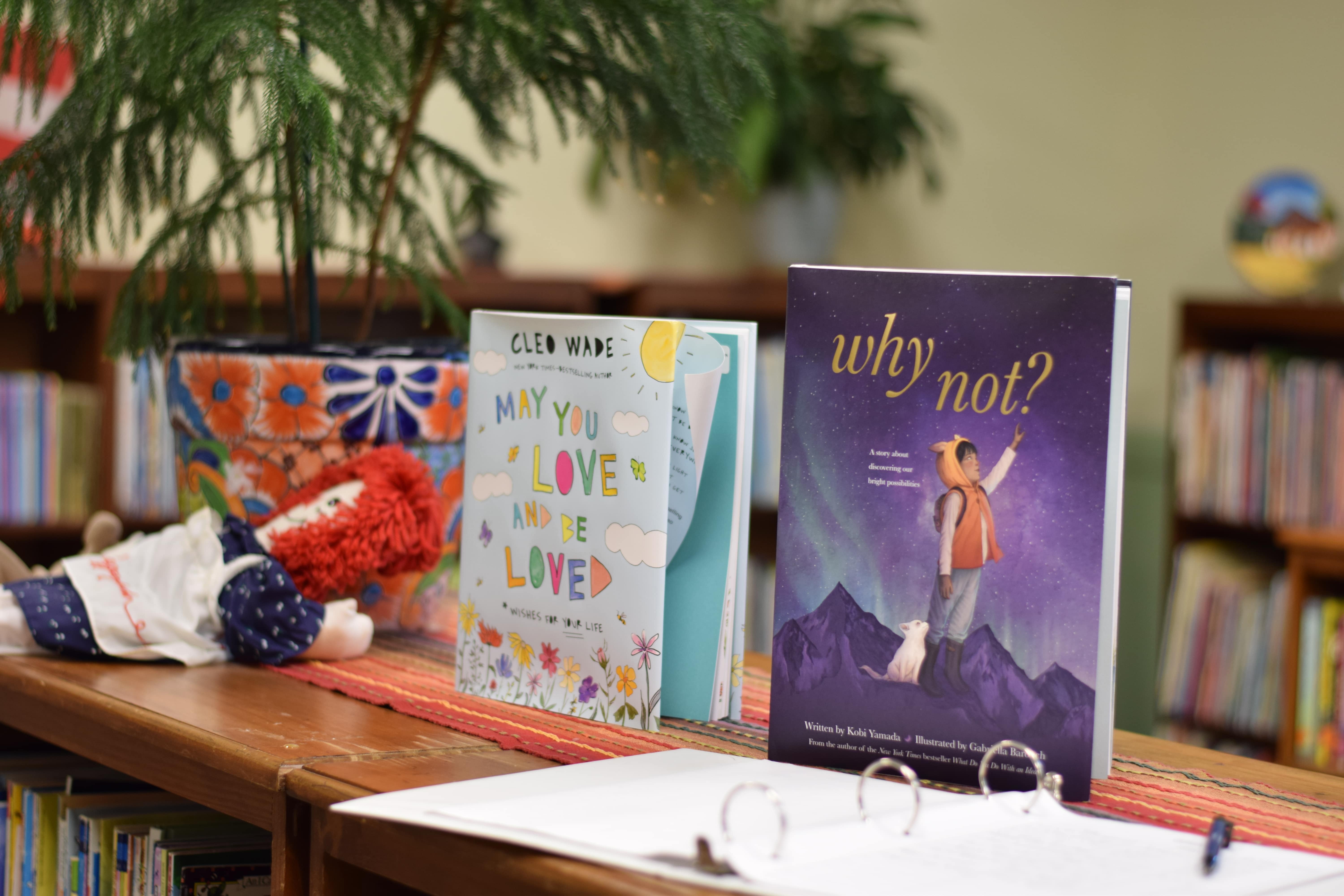 Two children's books, 'May You Love and Be Loved' and 'Why Not?', displayed upright on a wooden table with a colorful doll lying beside them in a library setting.