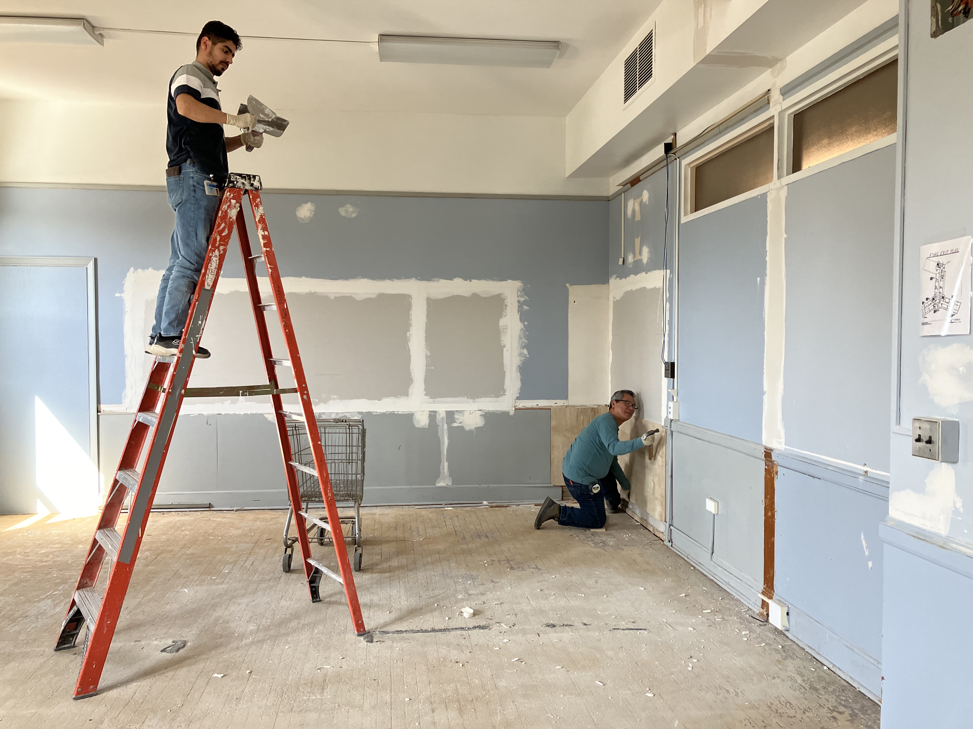 The two men are working on the renovations on the ladder. 