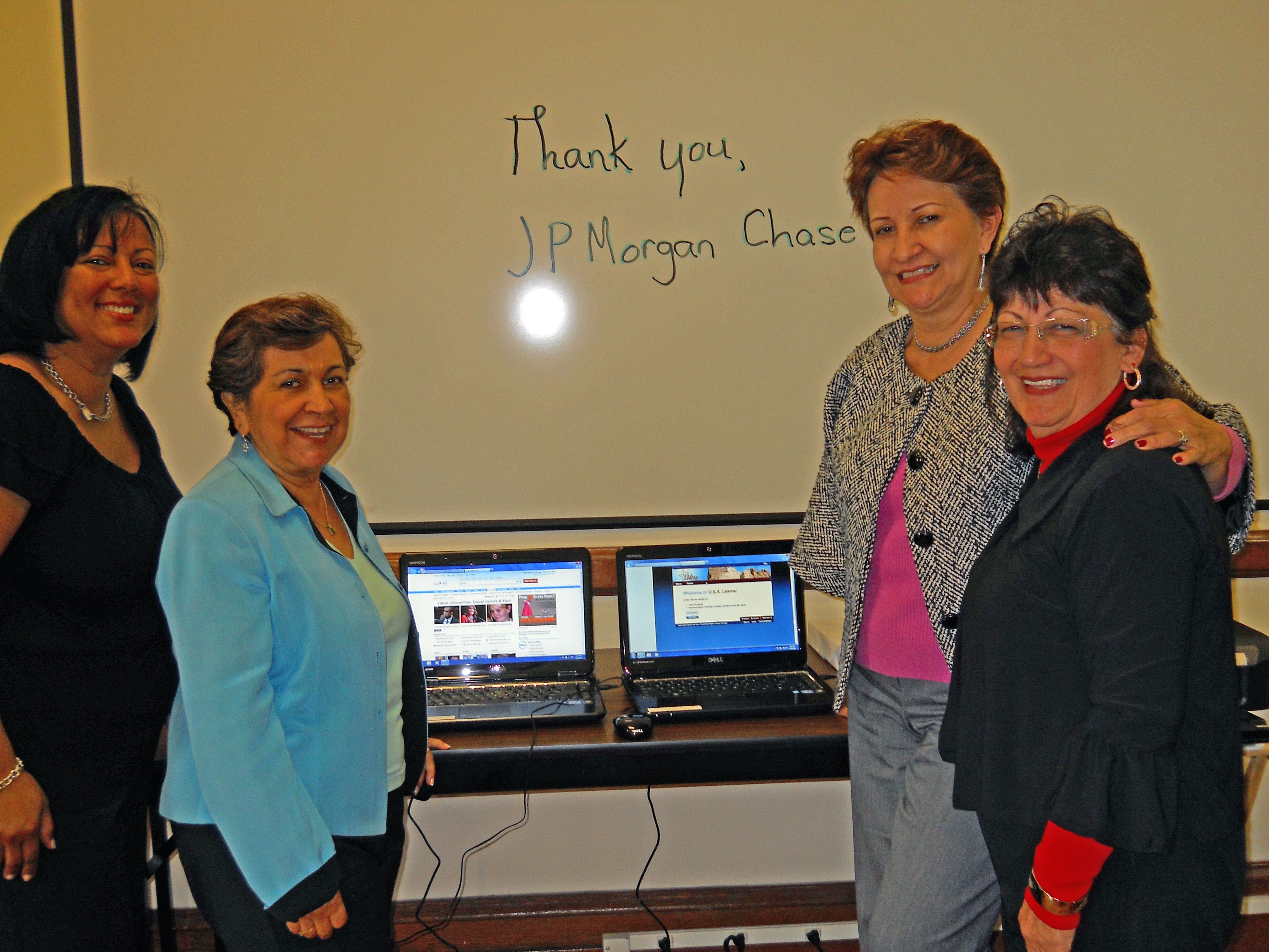 JP Morgan Chase grant thanks written on the blackboard. 