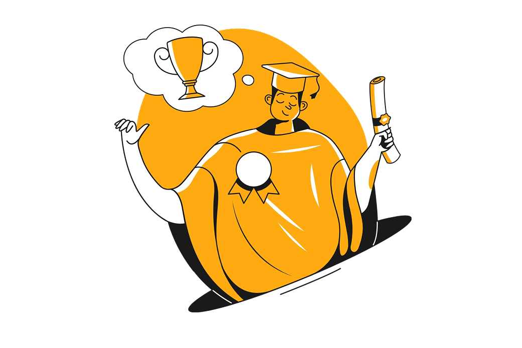 A cartoon man holding a diploma and a trophy.