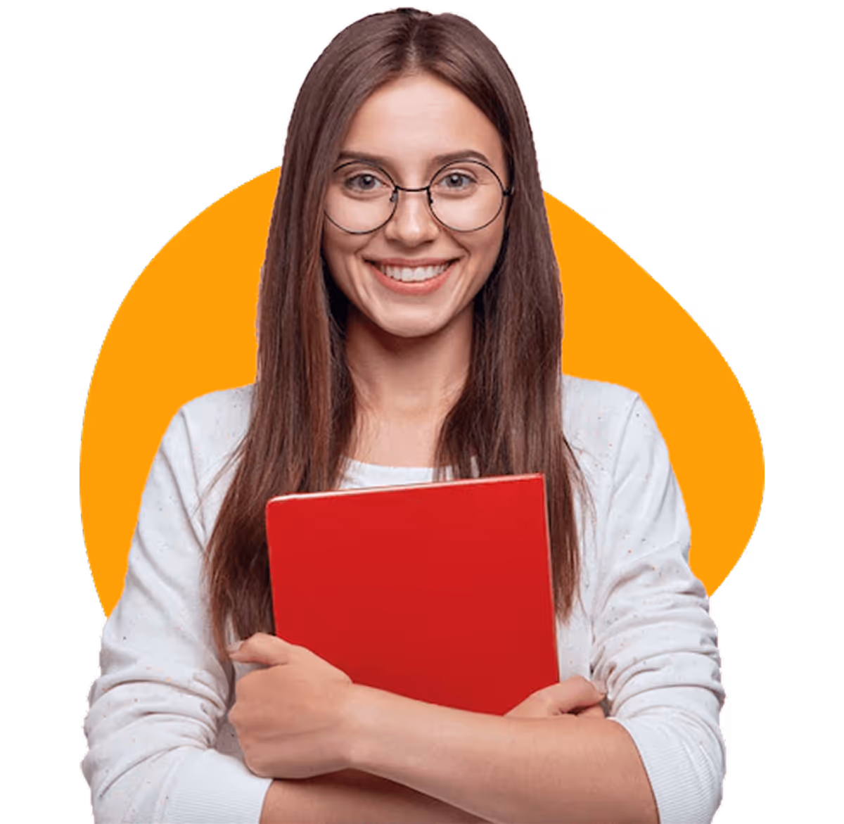 A woman with glasses and a red book.