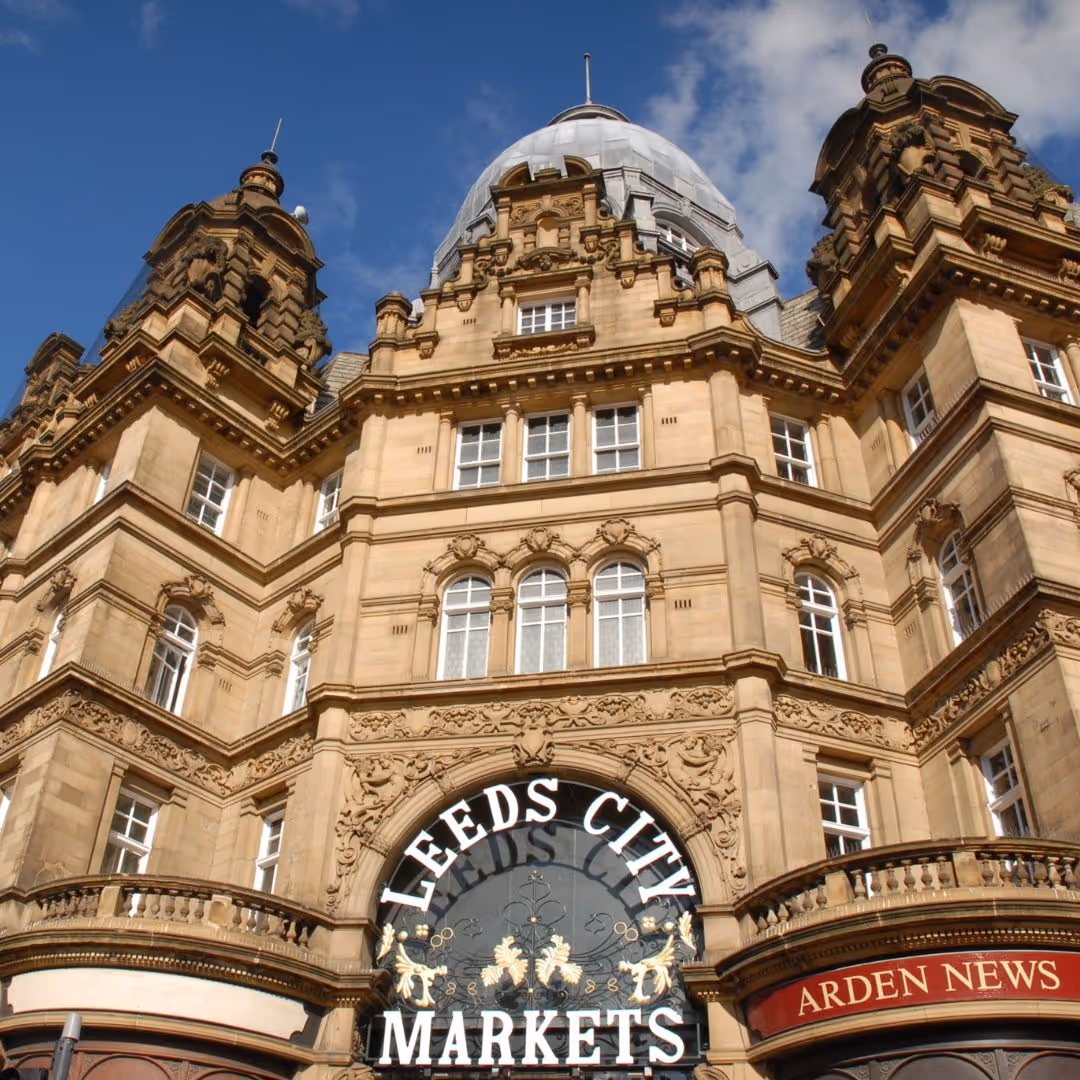 Ornate historic Leeds City Markets building with intricate architectural details