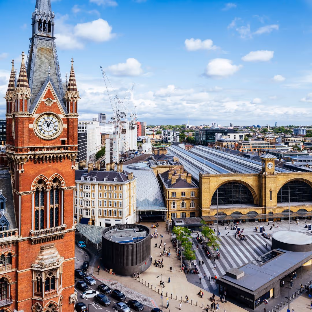 Aerial view of Kings Cross Station in London with historic architecture