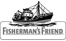 Black and white illustration of fishing boat with Fisherman's Friend logo