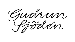 Gudrun Sjoden signature in elegant cursive black and white script