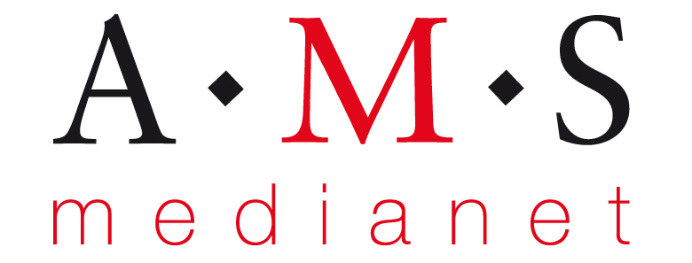 AMS Medianet logo with black and red letters and small diamonds