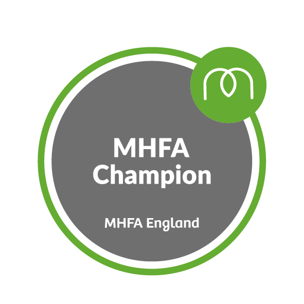 MHFA England Champion badge in green and gray colors